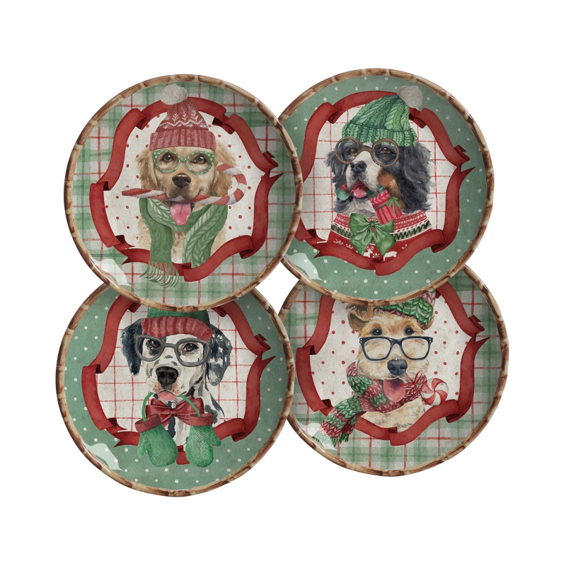 CONJ. 4 PRATOS SOBREMESA CHRISTMAS DOGS
  Conjunto composto com 4 pratos de sobremesa decorados de 4 estampas diferentes   - Linha Christmas Dogs - 